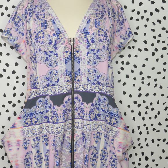 City Chic Purple Floral Draped Zipper Front V-Neck Dress - Picture 3 of 10